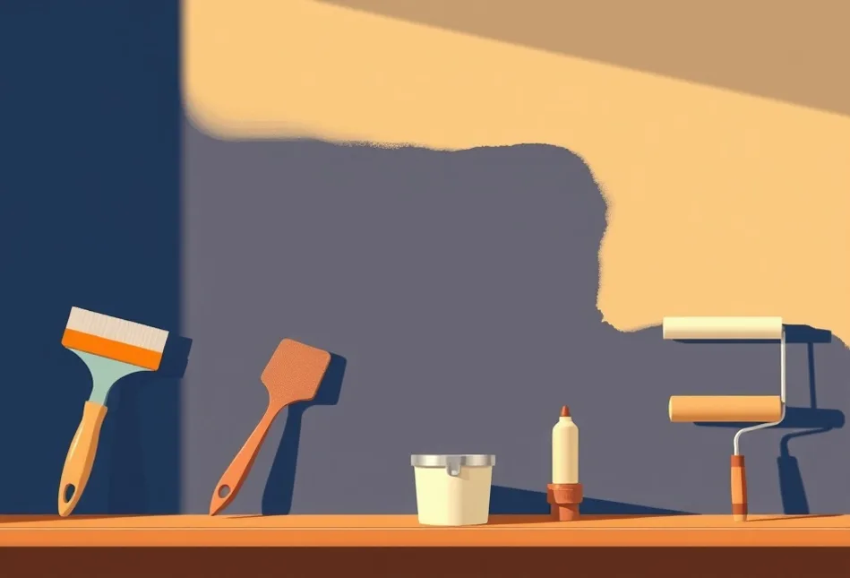 Outils de peinture disposés dans l'ordre des étapes du chantier
