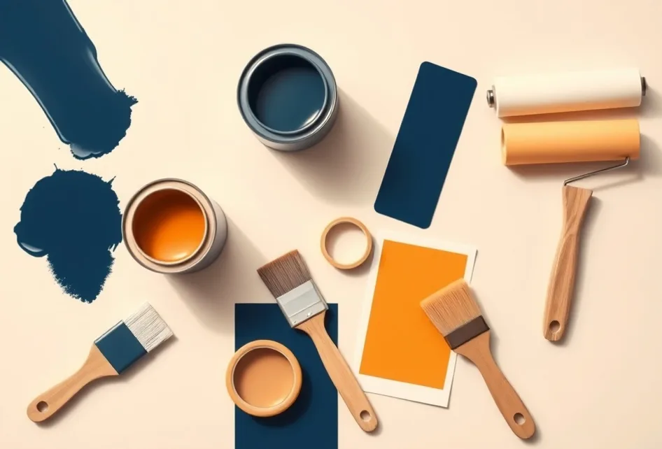 Pots de peinture, nuancier, brosses et rouleaux disposés à plat