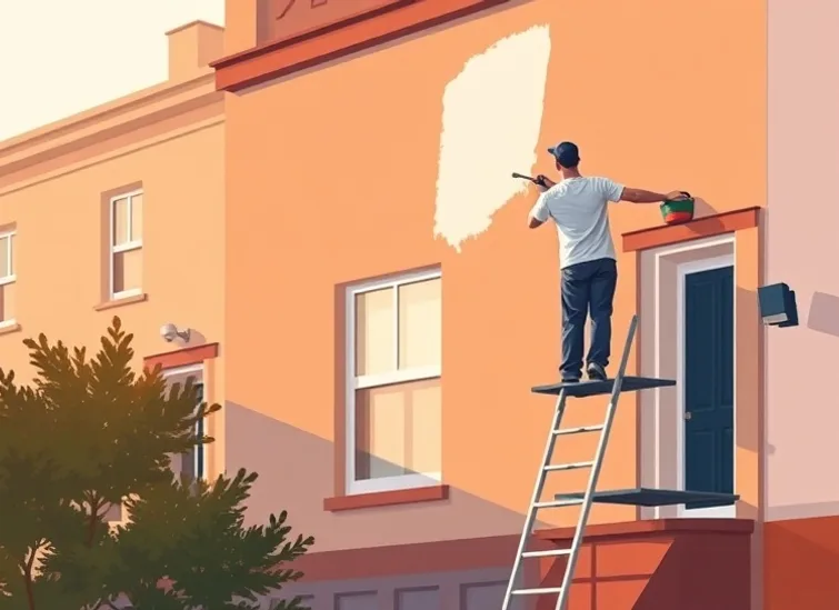 Peintre sur échafaudage traitant la façade d'une maison