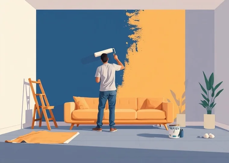 Peintre appliquant la peinture au rouleau sur un mur de salon